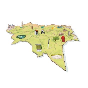 Mappa del Territorio dell'UTI delle Valli e delle Dolomiti Friulane con i simboli di ciascun comune | Realizzata a mano per il mensile dell'UTI | Eco delle Valli e delle Dolomiti Friulane | Fabbrica delle Idee | Coworking | Maniago