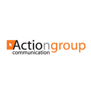 Logo ActionGroup Communication - grigio nero arancione su fondo bianco